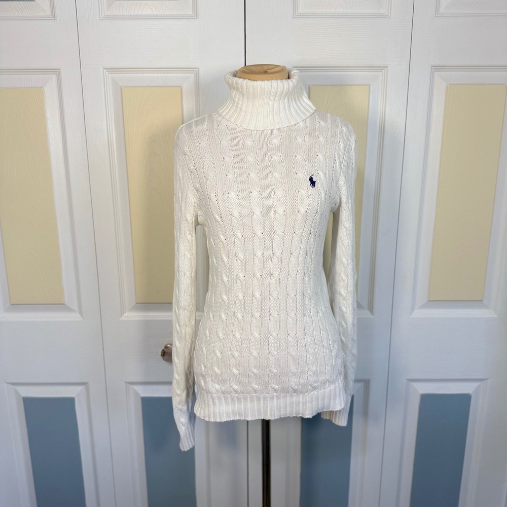 Ralph Lauren Sport White Cable Knit Turtleneck Cotton Sweater Navy Pony M